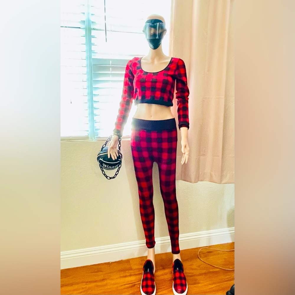 Fashion Nova Red and Black Plaid Matching Set Medium and Plaid Shoes Size 8